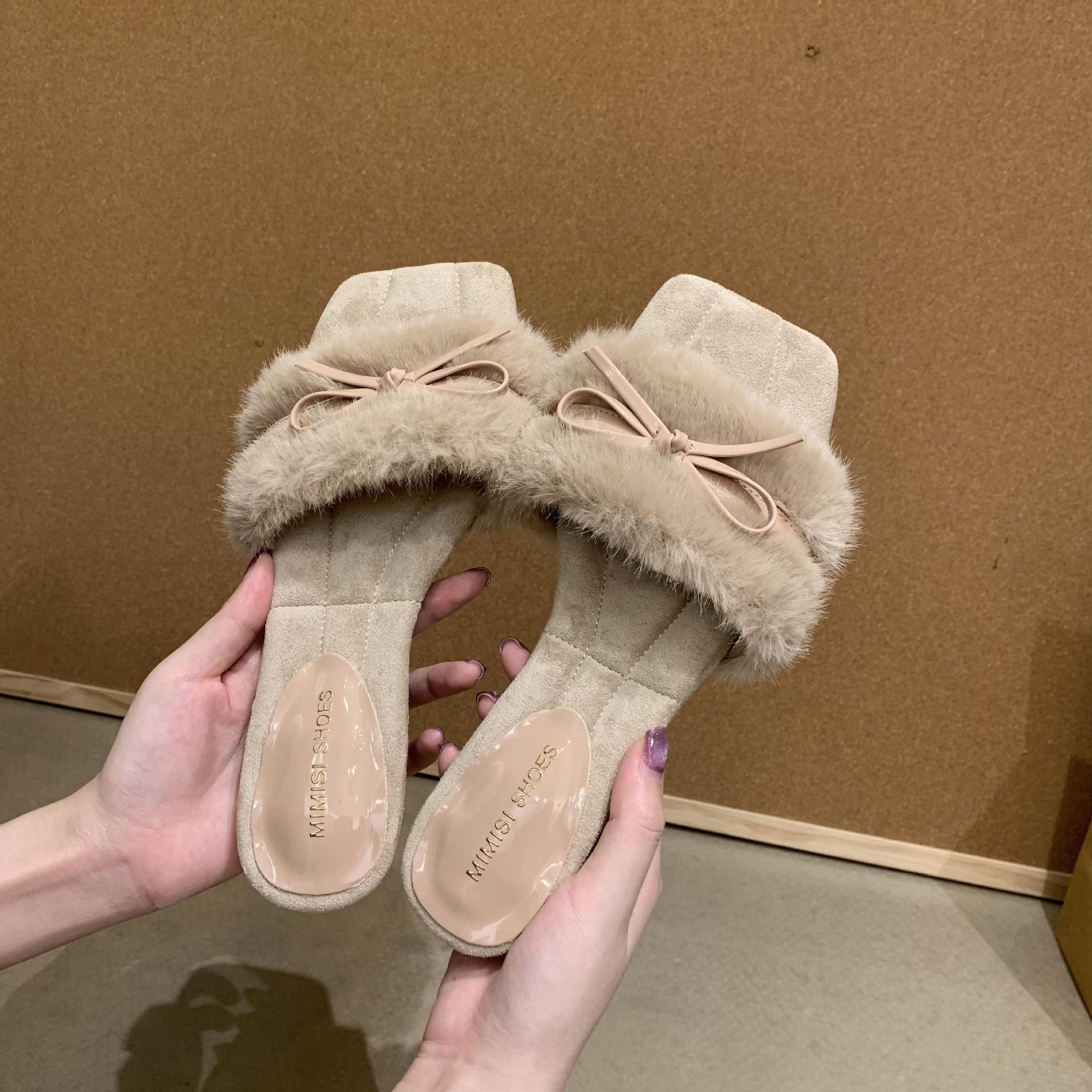 

French bow square head fluffy slippers women s outer wear 2025 new autumn indoor flat one-word cotton slippers 40 абрикосовий