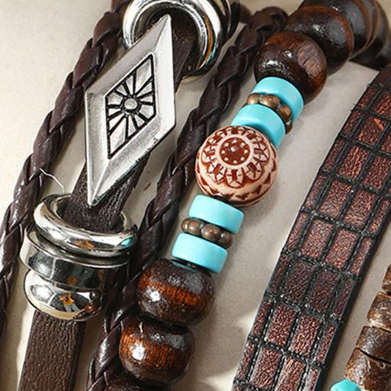 6 Pcs Braided Bracelet Set Different Shapes Wooden Bead Decor Peacock Feather Pendant Retro Ethnic Style