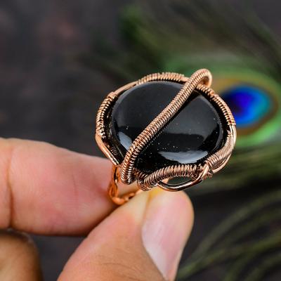 Gema de Ónix Negro Natural Hecho a Mano Envoltura de Alambre de Cobre Anillo de Regalo Talla 6.5 q9U97