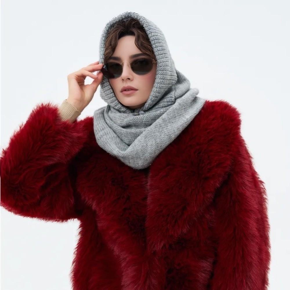 2 In 1 Knitted Hooded Scarf Solid Color Winter Crochet Beanie Hat New Neck Collar Hat  for Women