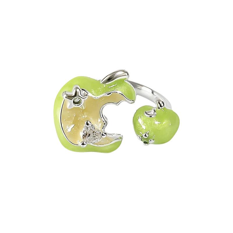 Niche High‑Sense Stack‑Wear Open Ring Subculture Sweet‑Cool Green Apple Enamel Zircon Personality Light‑Luxury Adjustable Fashion Jewelry