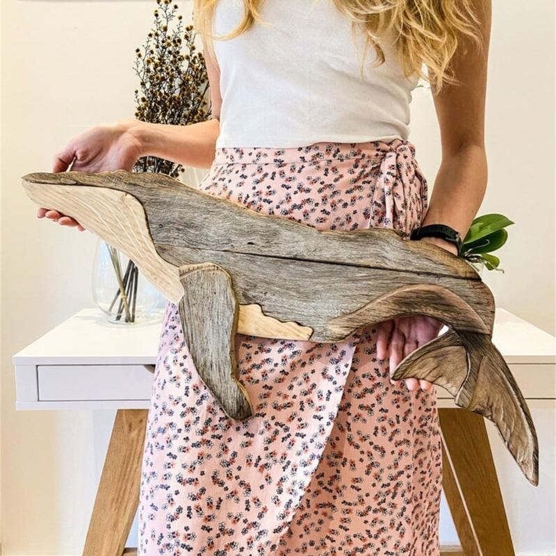 Holz-Meeresfisch-Figur Handgeschnitzt Rustikale Segelskulptur Wandbehang Dekoration für Häuser mit Strandthema