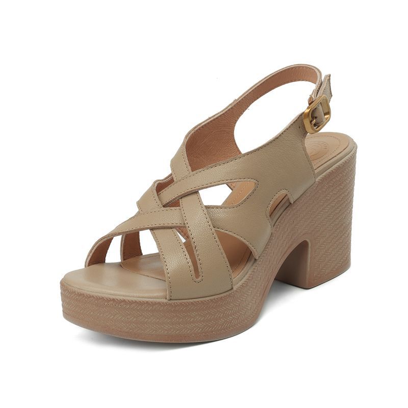 High-heeled platform-soled woven sandals women's 2025 summer thick-heeled wedged heel open-toed cross with round head casual Roman women's shoes