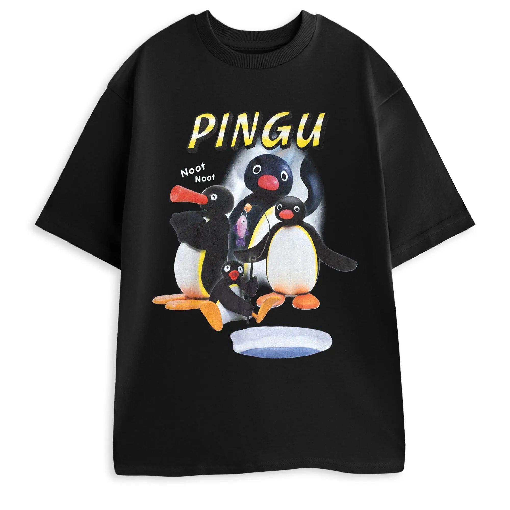 

Pingu Noot Унисекс Черная Футболка с Коротким Рукавом и Принтом Персонаж Пингвин Фраза Noot Noot Мультяшный Топ для Повседневной Носки S