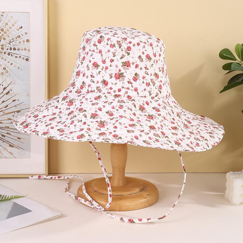 Artistic style full edition small floral large eaves windproof rope fisherman hat suitable for ladies outdoor photos
