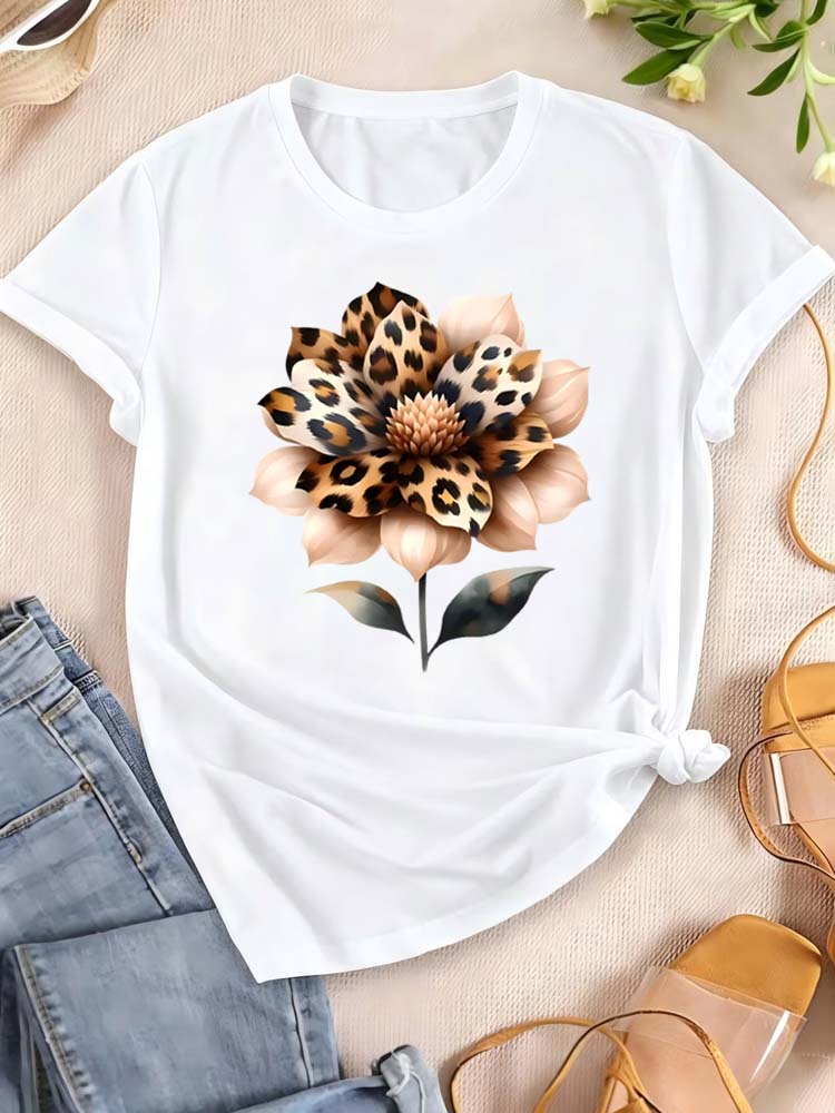 Watercolor Leopard Print Flower Women T-shirt Fashion Graphic Clothing Funny Harajuku T-shirt Female Clothes Tops