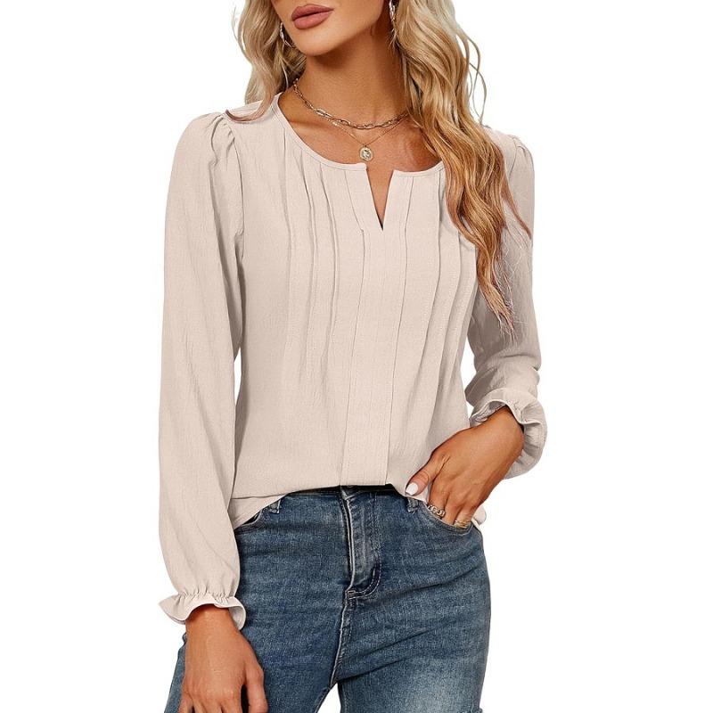 QICED Blusas y camisas con cuello en V de manga larga con estampado de color sólido informal a la moda para mujer