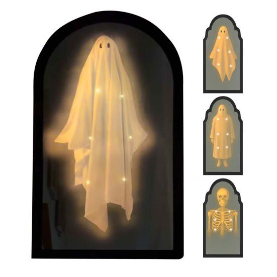 Halloween Ghost Mirror Spooky Hologram Ghost Skeleton Mirror with LED Light for Halloween Home Bedroom Decor