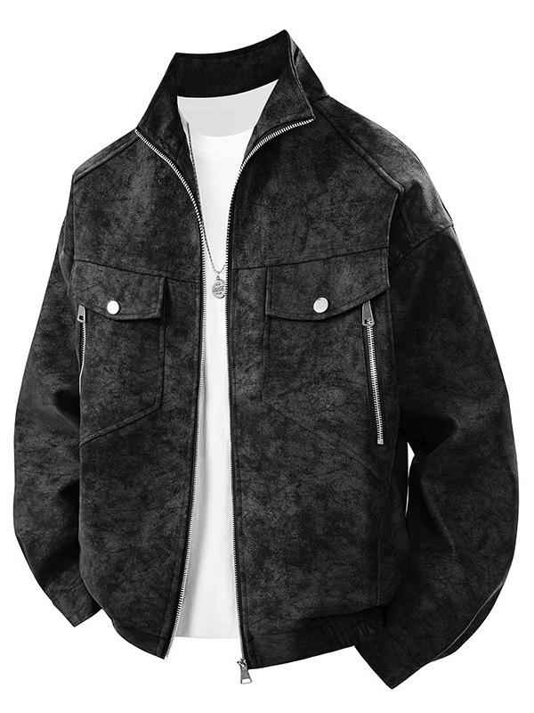 Men's Gray PU Leather Stand Collar Retro Workwear Jacket for Spring/Autumn