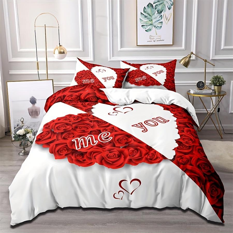 Red Rose Duvet Cover Set King Size, Red And White Comforter Cover Sets With Zipper Closure, Romantic Hearts Lover Bedding Set