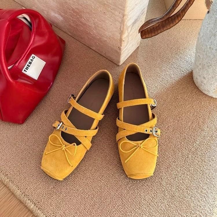 Soft Leather Version 6cm Inner Height Increase Square Head Bow Belt Buckle Shallow Mouth Mary Jane Single Shoes Women's Soft-soled Ballet Shoes