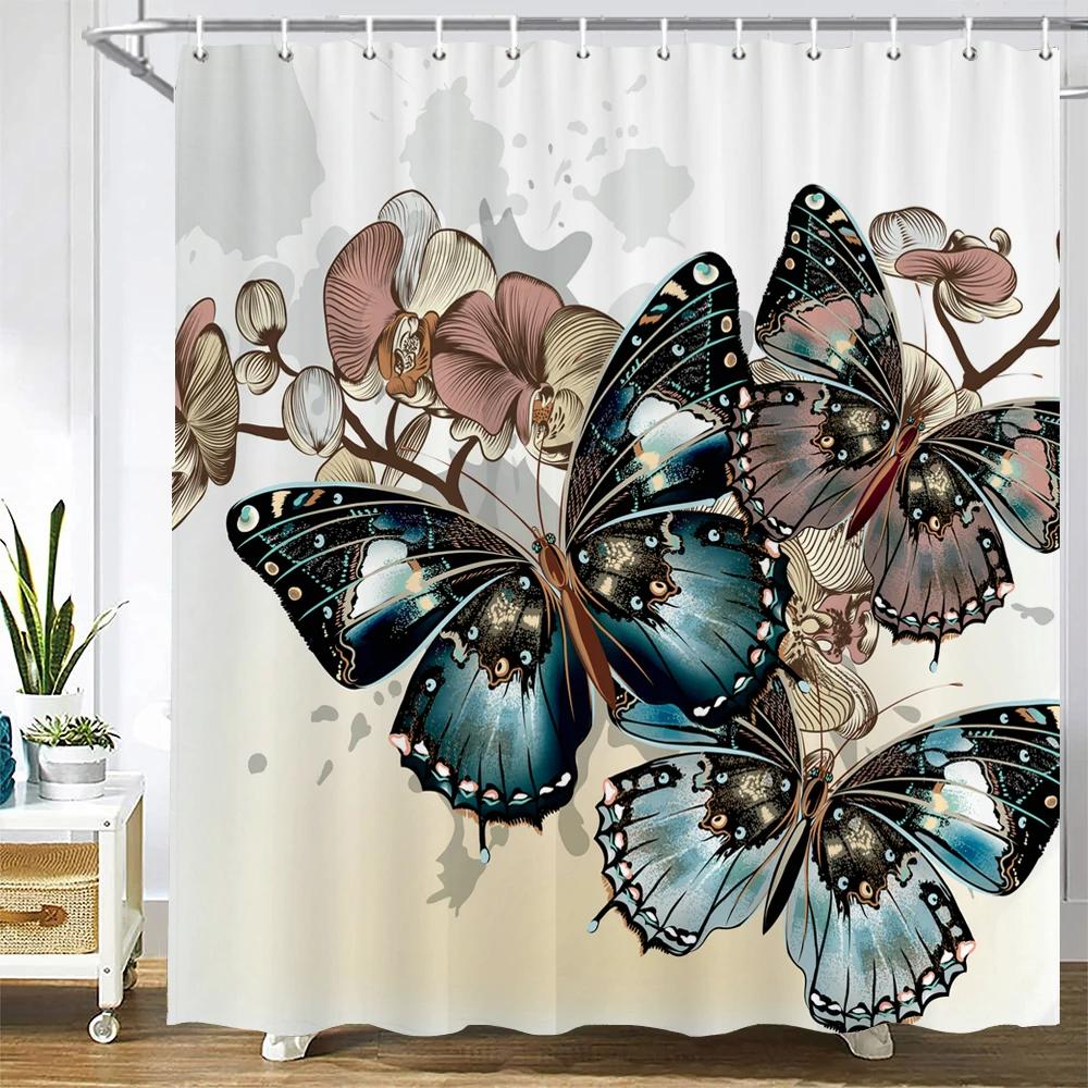 Beautiful Butterfly Shower Curtains Waterproof Fabric Colored Flowers Bath Curtain Bathroom Bathtub Decoration with Hooks