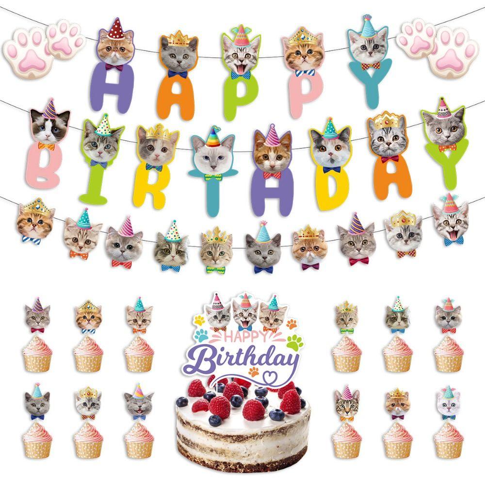 Animal Themed Pet Cat Party Banner Cartoon Cat Mixed Pattern Birthday Party Decoration Multicolor Cartoon Cat Garland