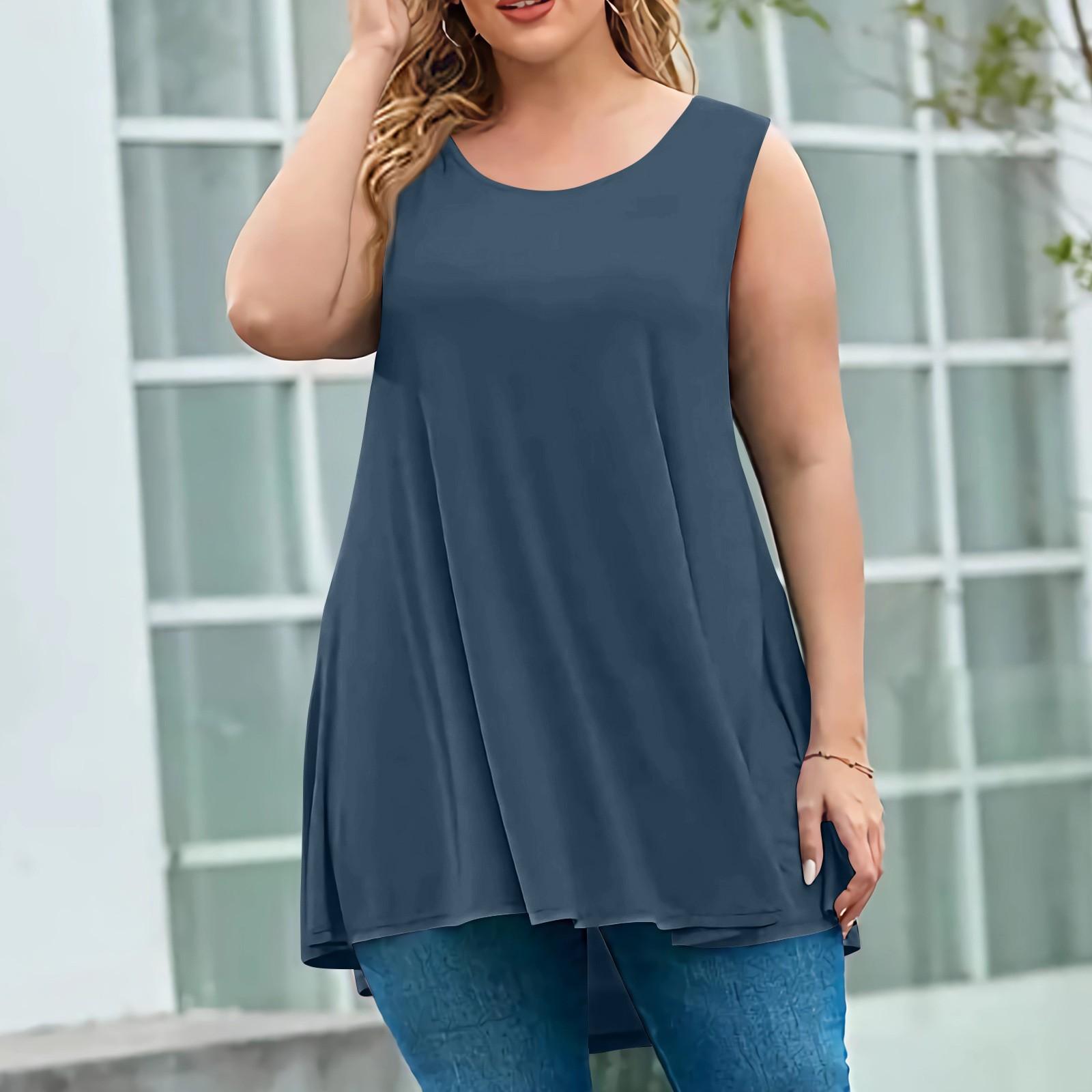 

Женская мода большого размера с круглым вырезом без рукавов повседневный однотонный свободный пуловер топ XXXXL тёмно-синий