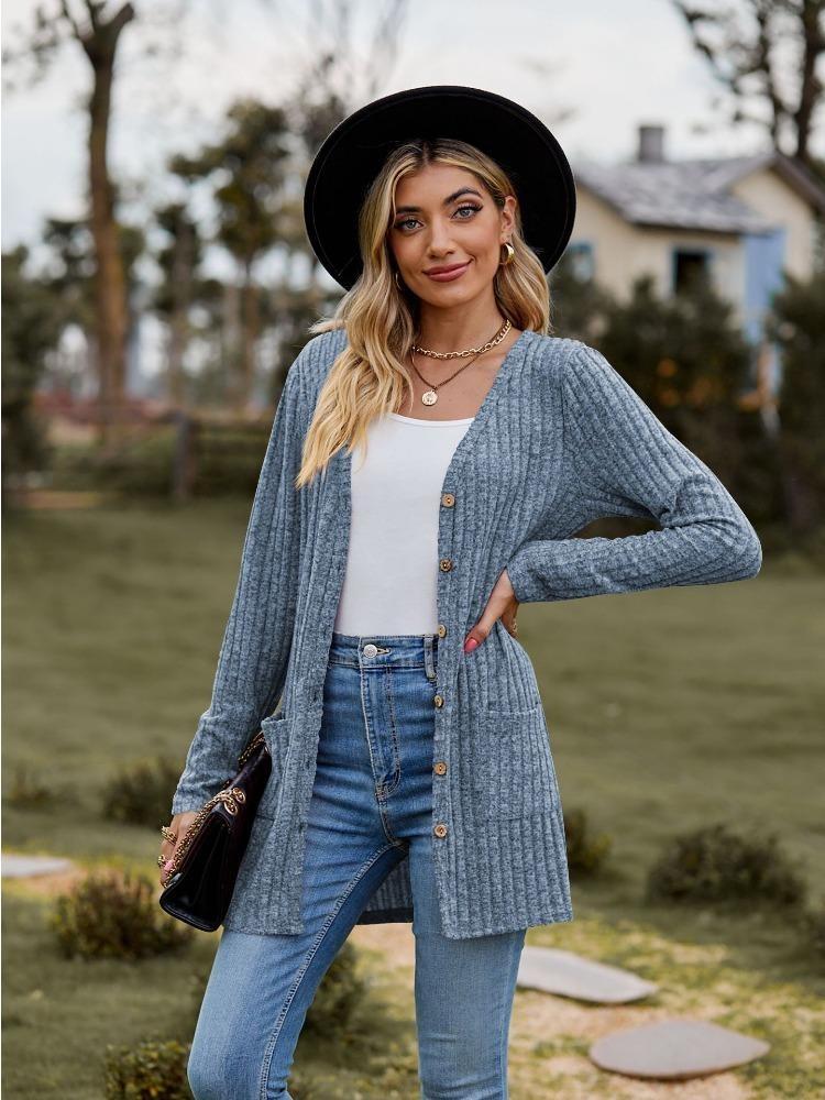 Women's Solid Color Brushed Stripe Cardigan Jacket Long Sleeve Autumn Pit New Clothing