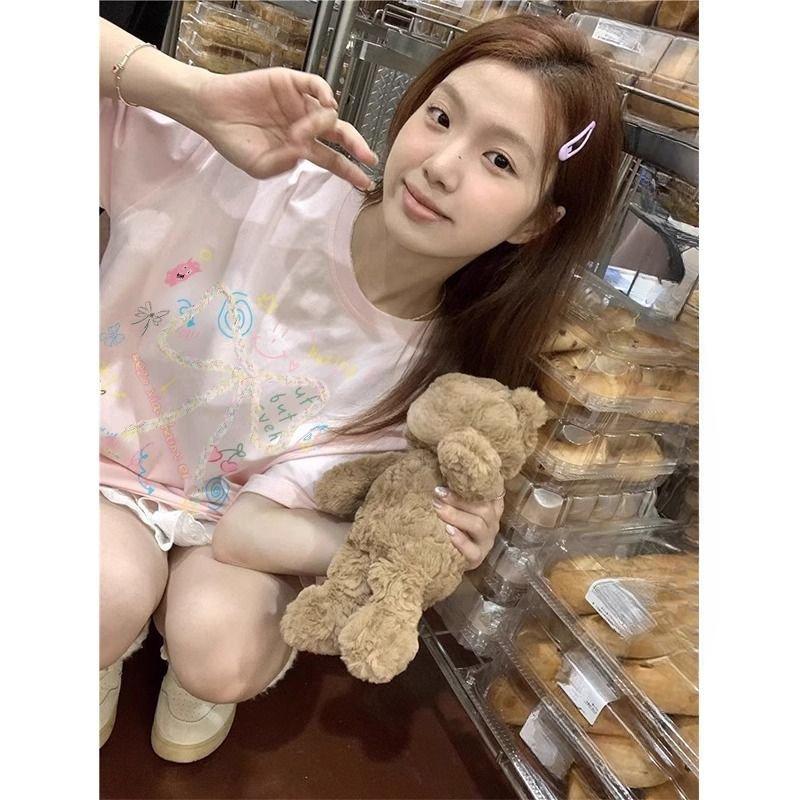 2025 Summer Casual Loose T Shirt Women's Streetwear Harajuku Pink Bow Printing Short Sleeve T-shirts for Women Clothing Y2k Tops