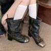 New Punk Women's Boots Trendy Square Toe Lace-up Retro Thick-soled Big Boots Fashion Handsome Motorcycle Texture Short Boots