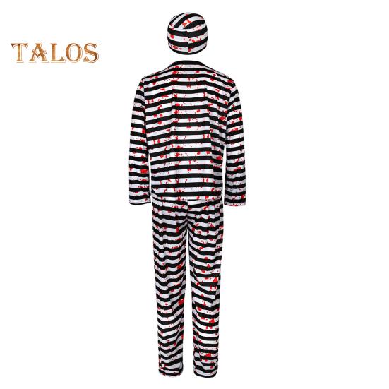 Set 4 Pezzi/Set Costume da Prigioniero per Adulti Bambini di Halloween con Stile Classico a Robe Stampa a Righe Role-Playing Top Pantaloni Cappello Set Catena