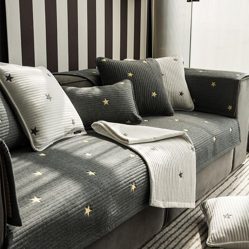 

Five-Pointed Star Cotton Non Slip Living Room Sofa Cover Embroider Star wish, Gray 45*45cm single side pillow case