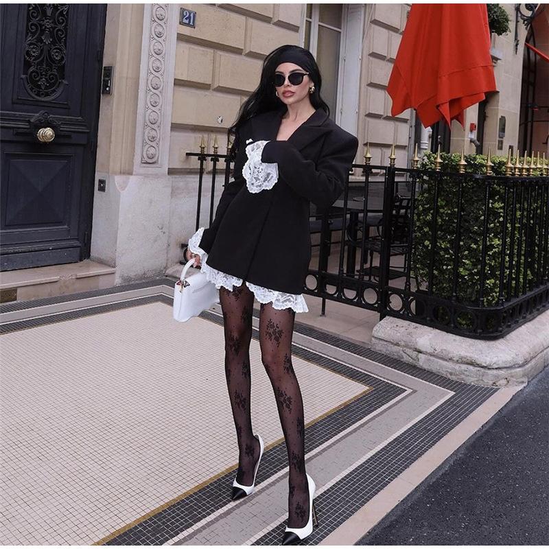 Women's Fashion Lace Patchwork Suit Collar Long Sleeved Dress Female Trendy Contrast Color Casual Party Dresses