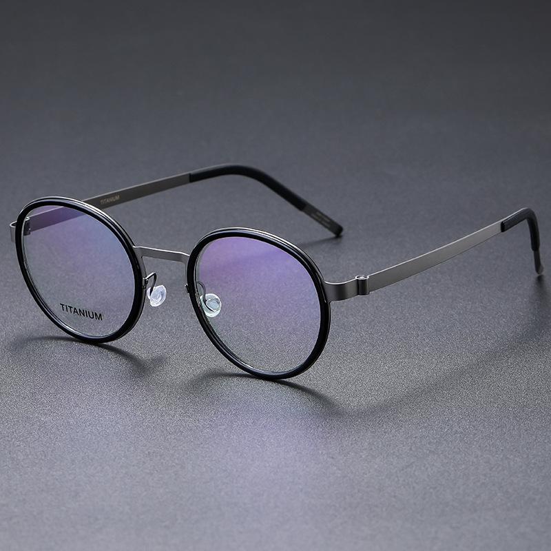 Retro Round Pure Titanium Myopia Glasses Frame - Wood Grain, Screwless, Lightweight, Unisex