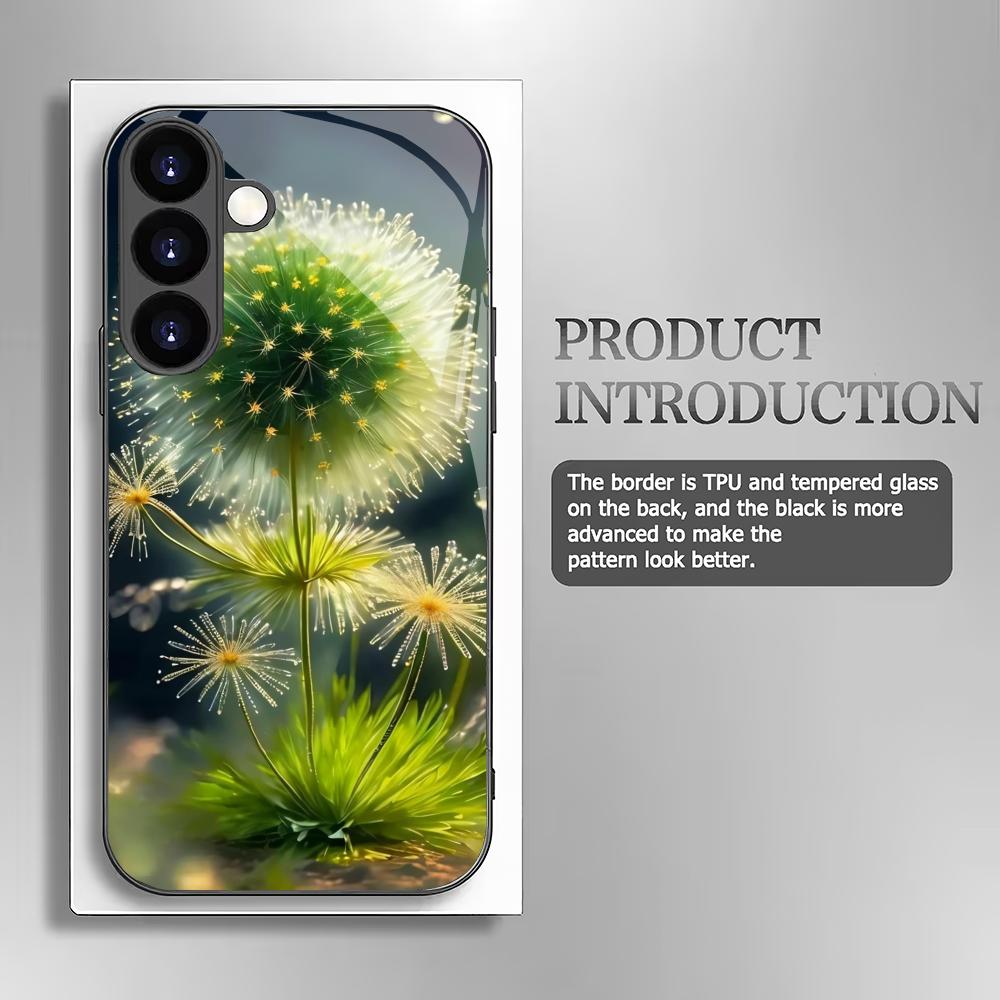Löwenzahn gehärtetes Glas Handyhülle geeignet für Samsung Galaxy S26 S25 S24 S23 S22 S20 FE/Ultra/Plus Anti-Drop Rückabdeckung