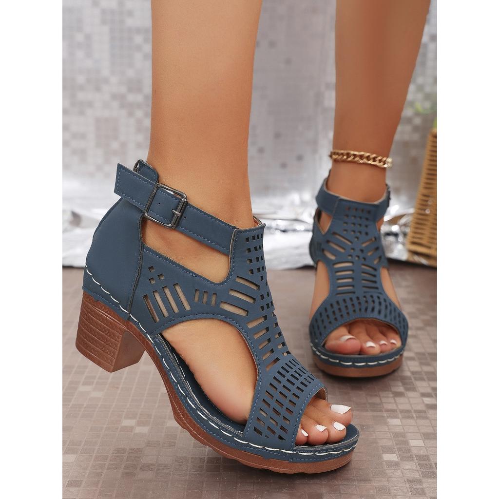 Women's Coarse Heel Sandals, High-heeled Hollow Shoes, Breathable and Comfortable Fishmouth Sandals