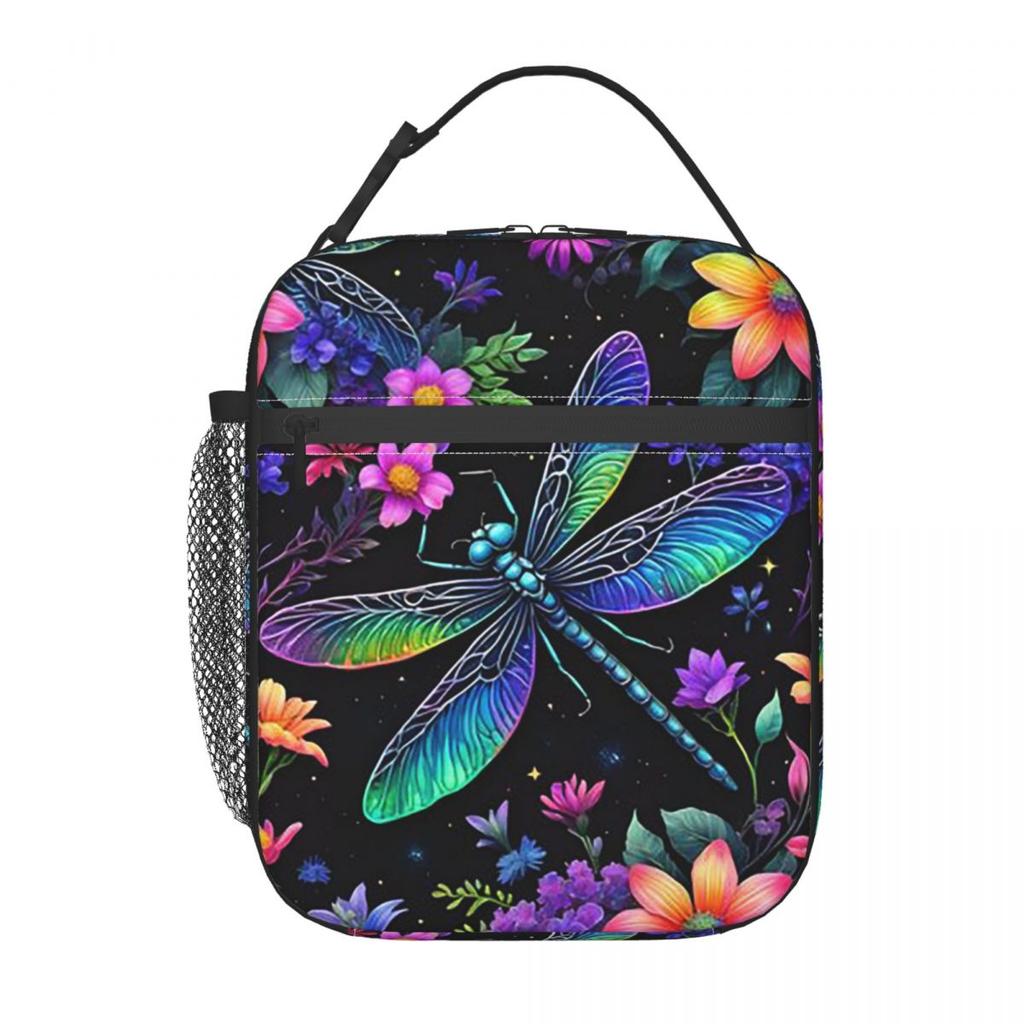 Colorful Dragonfly With Flower Insulated Lunch Bag for Women Kids Leakproof Food Boxes Thermal Lunch Box Tote