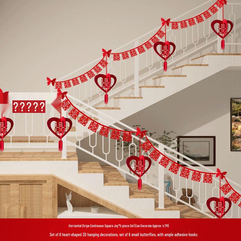 Double Happiness Stair Railing Decor: Wedding Floral Ornaments for Bride and Groom Sides
