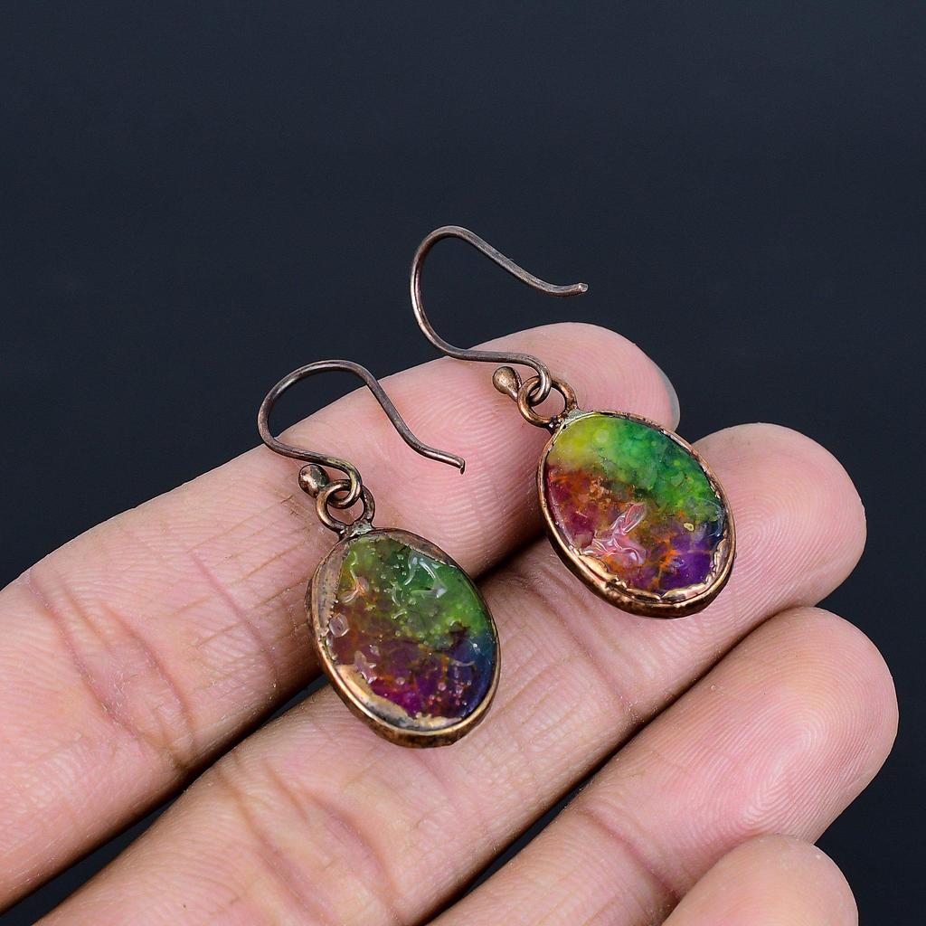 Rainbow Solar Quartz Earrings Gemstone Jewelry, Copper Electroformed Handmade Earrings, Latest Design Jewelry