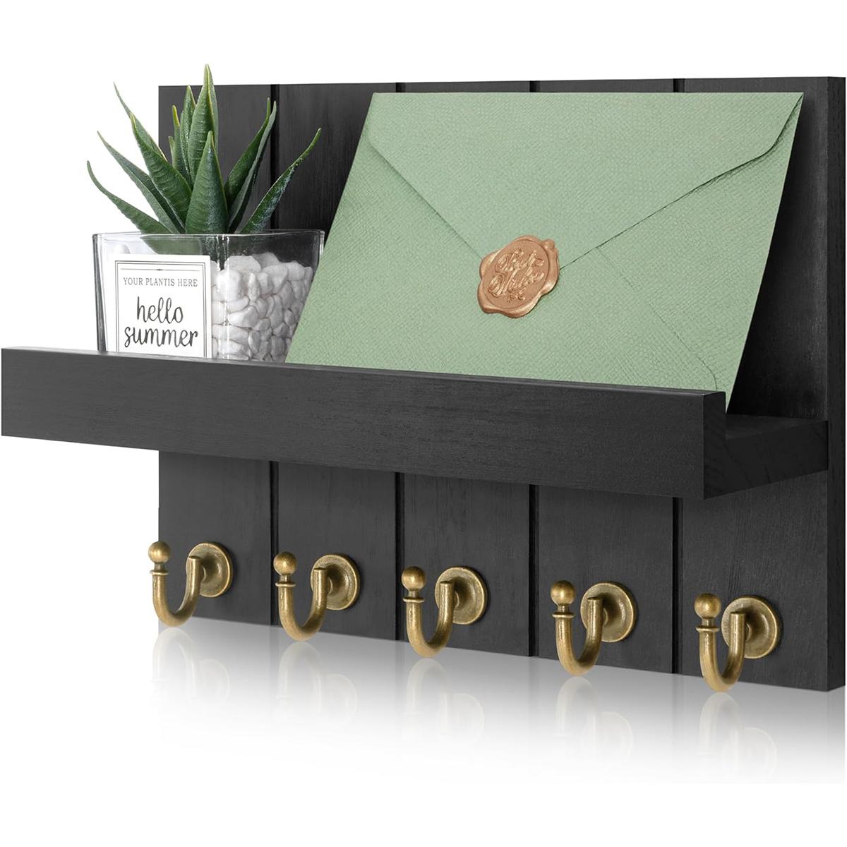 

Держатель ключей в деревенском стиле для стены, настенная полка в фермерском стиле с 4 крючками, настенные вешалки для ключей, деревянный почтовый органайзер с крючками M чёрный