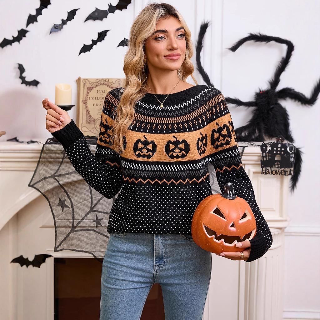 European and American Autumn and Winter Sweater Women's Clothing Halloween Pumpkin Embroidery Retro Polka Dot Long-sleeved Knitted Sweater Women