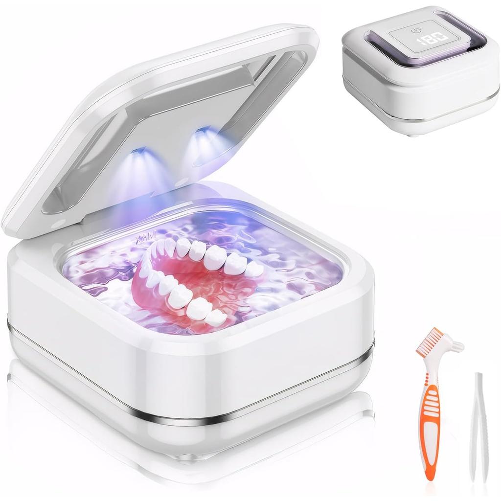 Ultrasonic Cleaning Device for Dentures, 42kHz UV Cleaner, 180 Ml Cleaning Device, Glasses, 2 Modes 180/360 Seconds for Dentures, Aligners