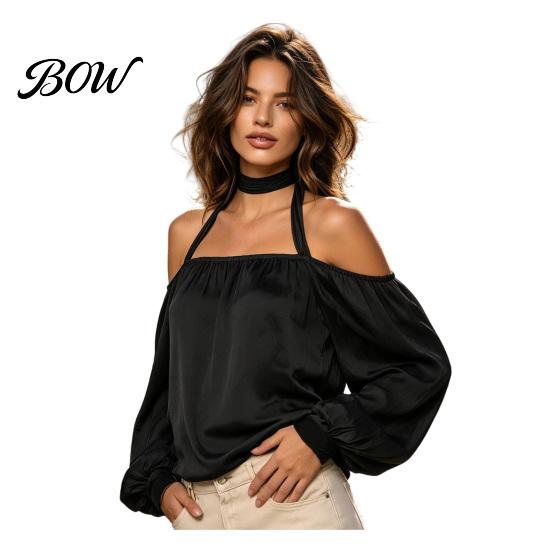 Breathable Women Shirts Summer Off-Shoulder Shirt, Long Sleeve Casual Halter Top, Shirt Solid Color Loose Satin Blouse for Daily Office