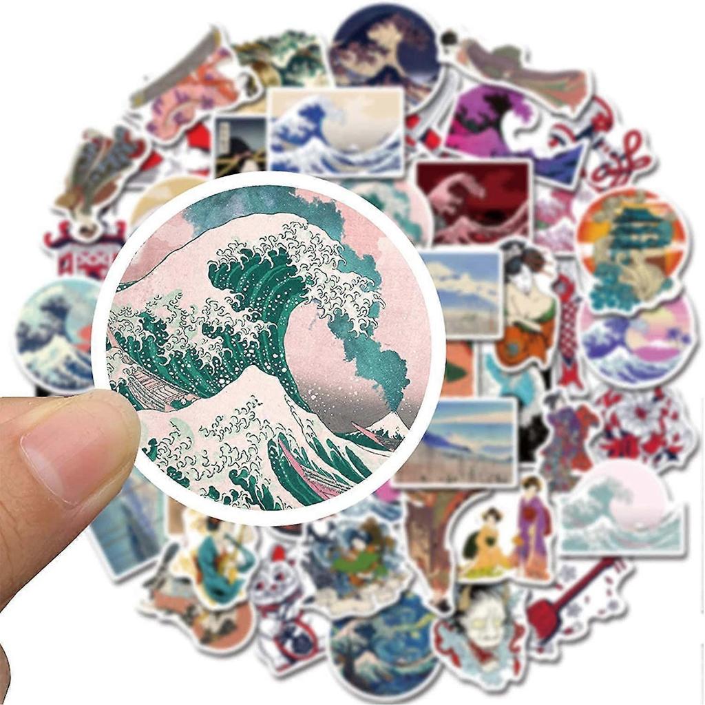 Ukiyoe Stickers (50 Pcs), Japanese Wave Painting Vinyl Decal, Waterproof Aesthetic Sticker Packs Perfect for MacBook, Water Bottle, Laptop, Phone, Hyd