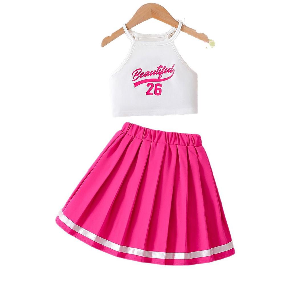 Girls' Fashionable Outfit - Summer Children's Camisole Top And Pink Pleated Skirt Set