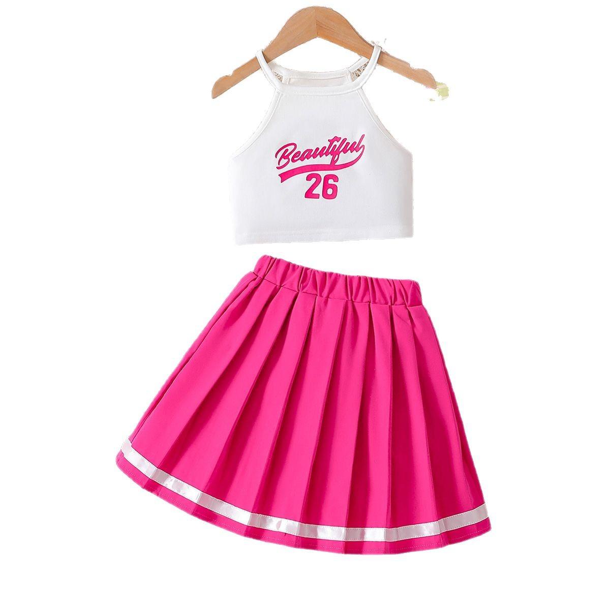 Girls Fashionable Outfit - Summer Children s Camisole Top And Pink Pleated Skirt Set 3-4Y