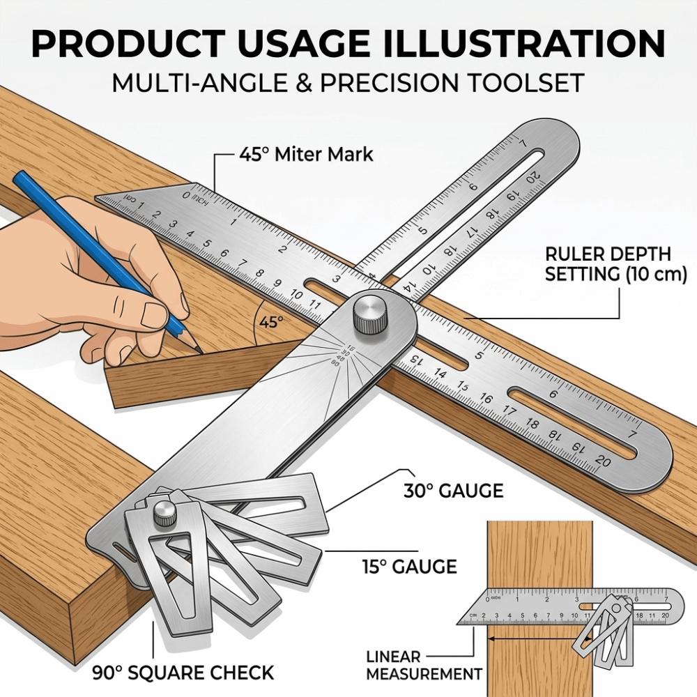 Multifunctional Woodworking Scriber Ruler Movable Angle Woodworking Measuring Gauge