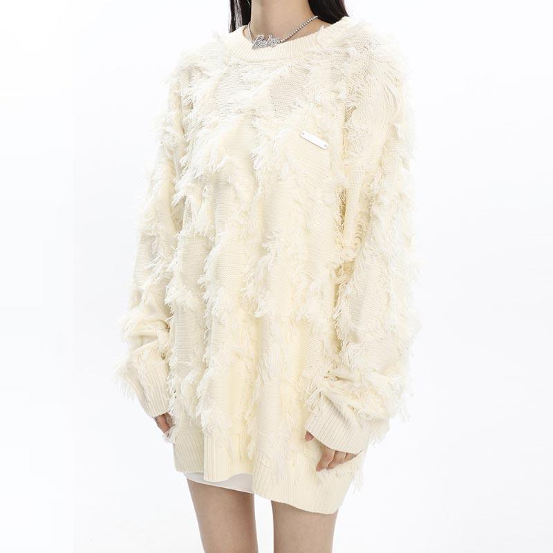 Женский вязаный свитер с бахромой Y2k в уличном стиле, свободный пуловер в стиле ретро, ​​свободные топы, модный дизайн, панк, осенне-зимняя женская одежда S бежевый
