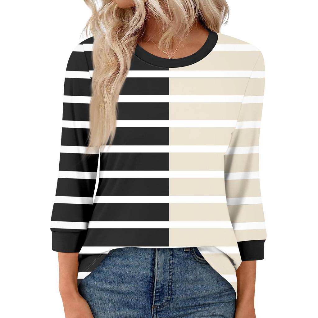 Women's Fashion Casual Seven Sleeve T-Shirt Print Round Neck Top