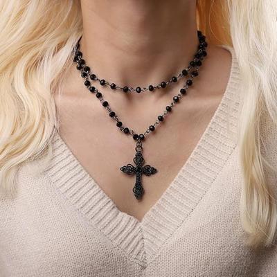 Charm Gothic Black Hollowed-out Cross Pendant Double Layer Black Beaded Necklace for Women Halloween Party Vampire Jewelry Gifts