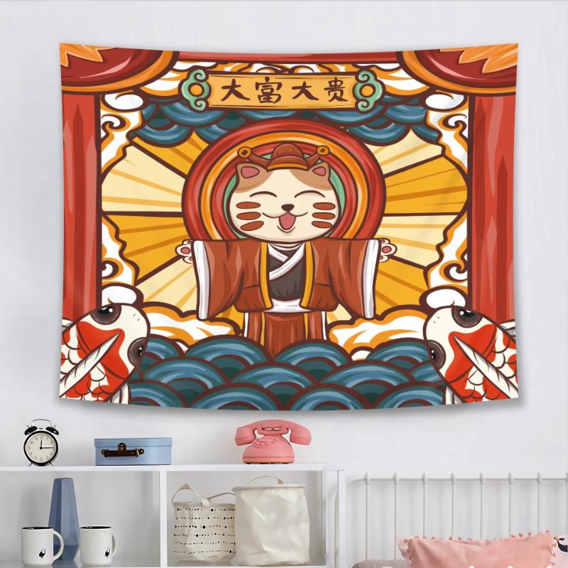 Cool Lucky Cat Tapestry Wall Hanging Koi Fish Urban Graffiti Red Blue Orange Aesthetic Wall Art Living Room Decor