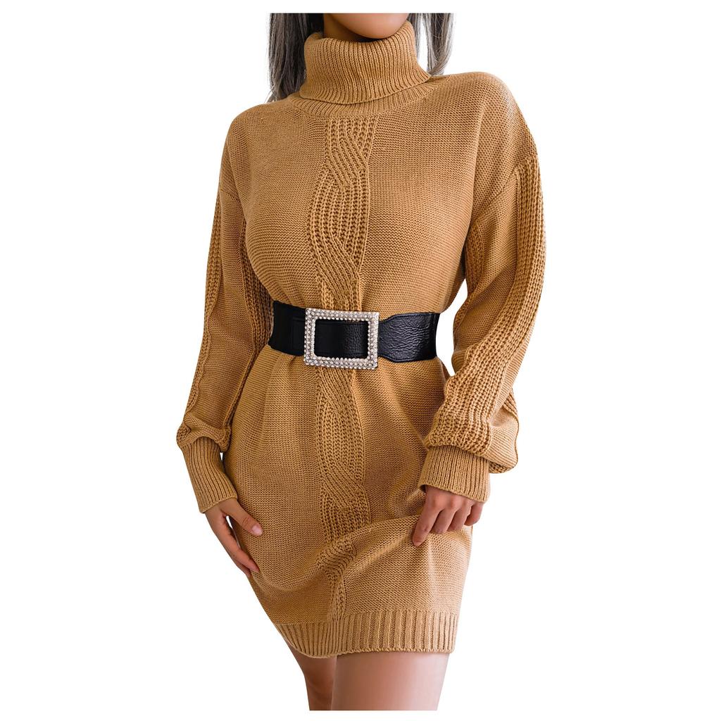 Women Casual Color High Collar Long Sleeve Bottomed Wool Dress