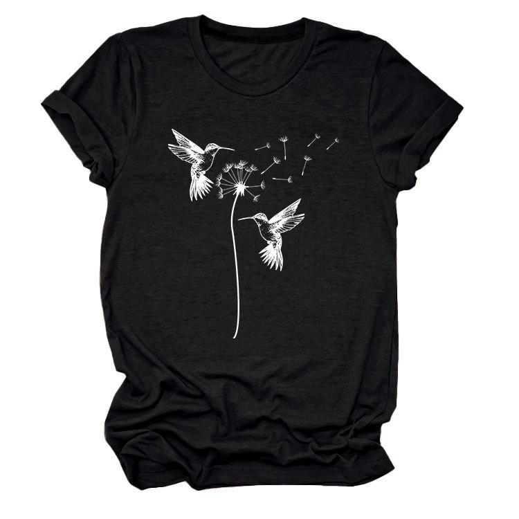 Sommer Rundhals Zwei Vogelmuster Druck Top Modische Lässige Kurzarm Damen T-Shirts