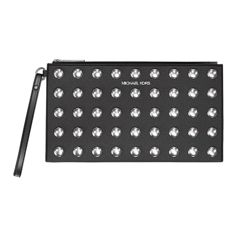 MICHAEL KORS Jet Set Rivets Zipper Closure Pebbled Leather Clutch Large Women s Black чёрный