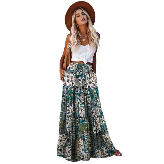 Women Maxi Skirt High Waist Large Hem Boho Printed Ruffle Stitching Long Skirt Summer Casual Skirt Daily Wear