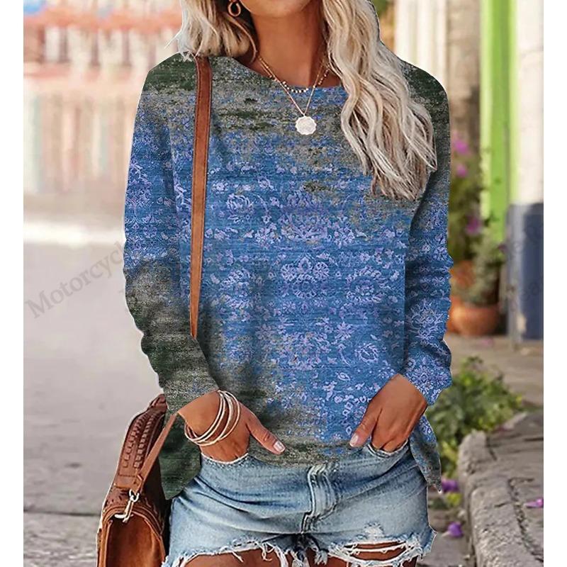Ethnic Floral 3d Print T-Shirt Women's Crew Neck T-Shirt Casual Long Sleeve T-shirt Women Clothing Fashion Oversized Tops Tees