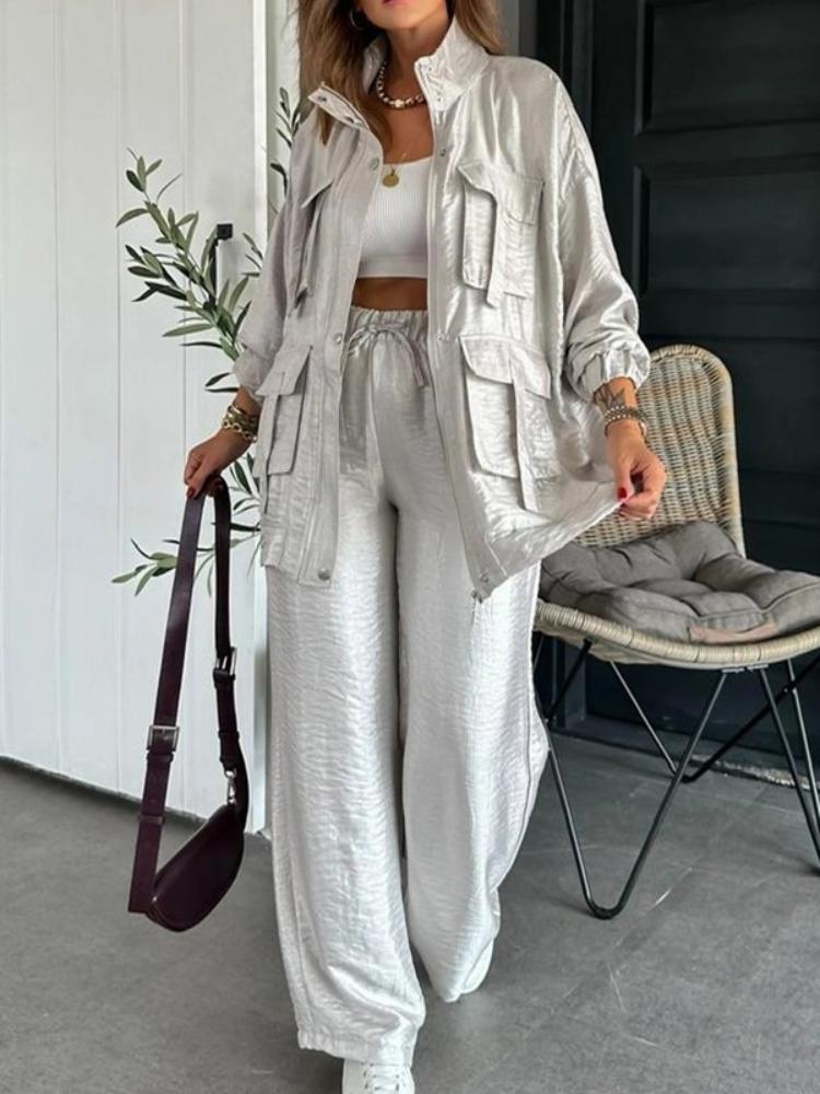 Women's Light Gray Suit Set with Wide Leg Pants, Stand Collar Jacket, White Crop Top, Casual Office Wear