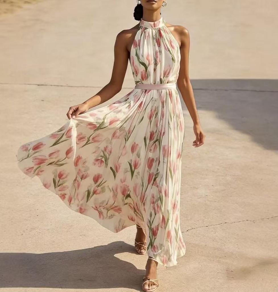 Women's Halter Neck Maxi Dress with Floral Print Sleeveless Vacation Dress Flowy Bohemian Style Summer Dress for Outdoor Events