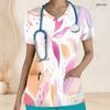 Women Plus Size V Neck Short Sleeve Printed Nurse Scrub Top With Front Pockets